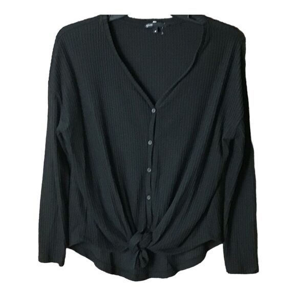 Gibson Women’s Small Black Thermal Waffle Knit V-Neck Button Tie Front Top - Picture 6 of 16